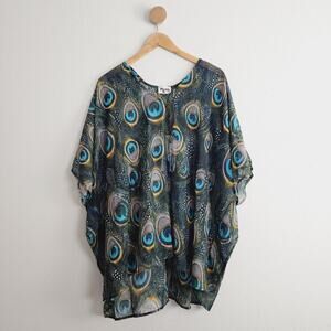 NEW Show Me Your Mumu Green Blue Peta Peacock Feather Printed Sheer Tunic Top